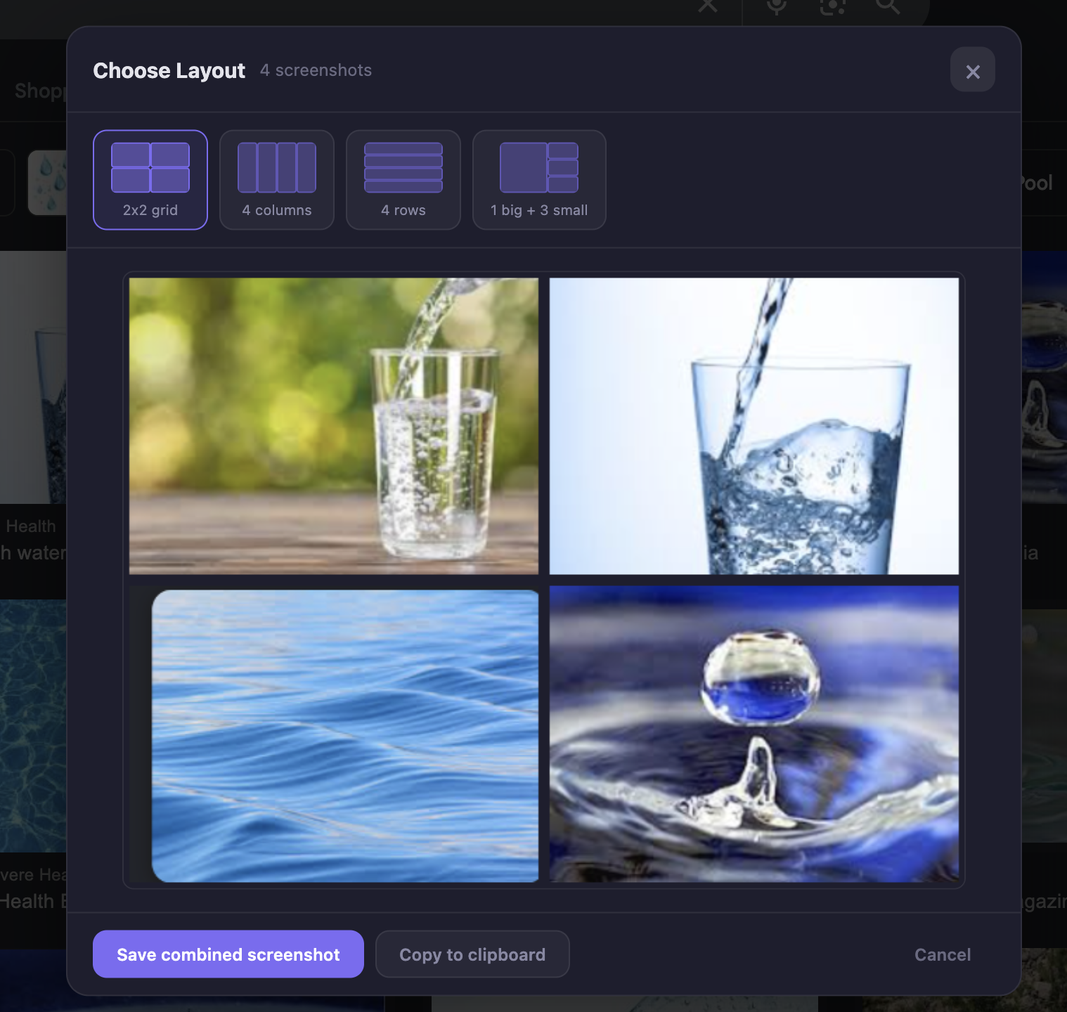Snapiq Combine view with 2x2 grid layout selector and four merged screenshots